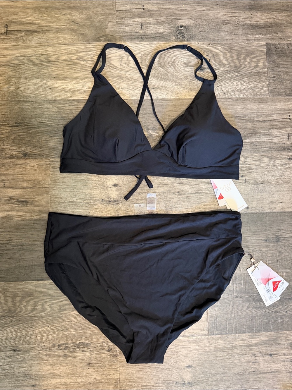 CALIA Women's Black Bikini Set: Triangle Bikini Top & High Leg Bottoms NWT 2X